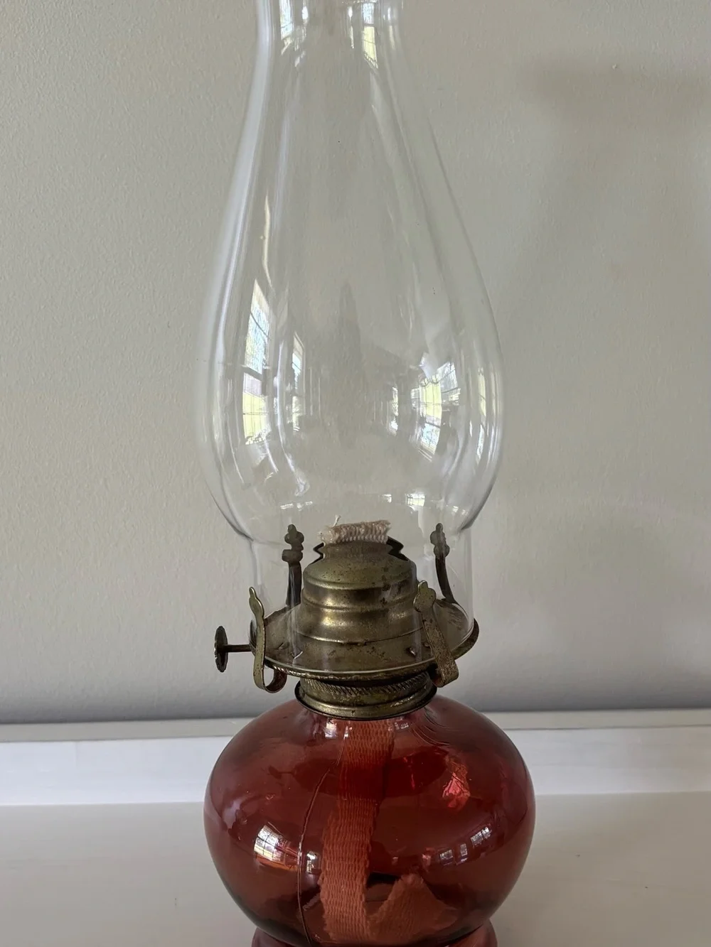 Vintage Red Glass Oil Lamp with Clear Chimney